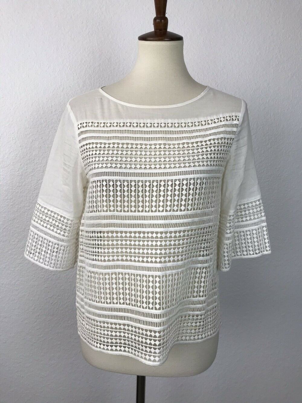 Banana Republic Top Blouse Geo Lace Striped Semi Sheer Coastal Quiet Luxury Chic